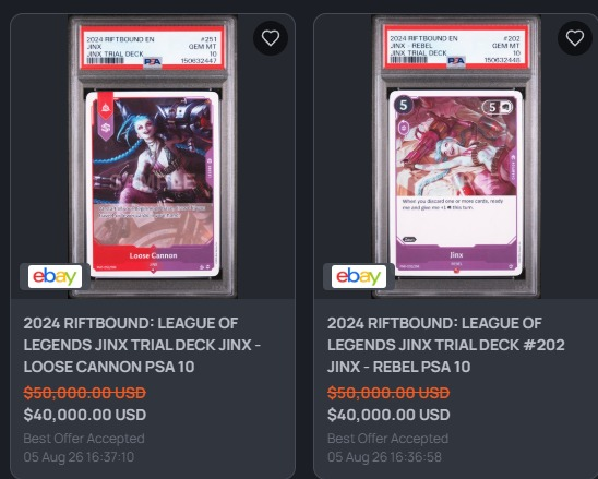 RiftboundGG's tweet photo. PSA 10 English trial deck Jinx loose cannon &amp; rebel just sold for $40,000 USD each. 
#riftbound #tcg #leagueoflegends https://t.co/FvAAbZSR1g