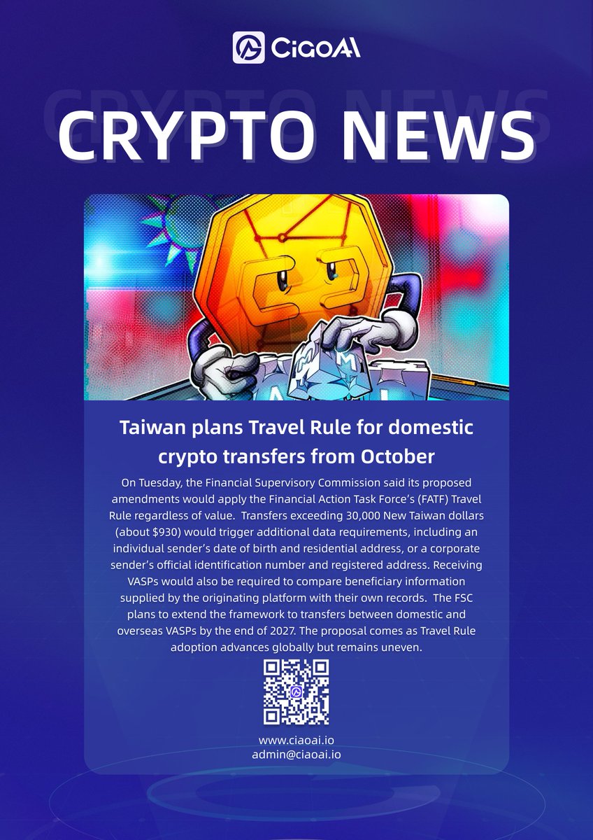 CiaoAi_Global's tweet photo. 💳Taiwan plans Travel Rule for domestic crypto transfers from October.

#CiaoAI #Taiwan #VASP #FATF #FSC https://t.co/KlPgsc1XEV