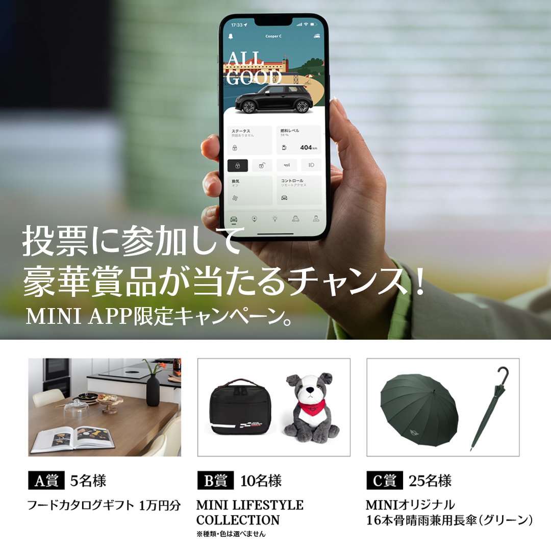 MINI_JAPAN's tweet photo. \MINI APP限定キャンペーン開催中/
投票に参加して豪華賞品が当たるチャンス!
#MINIApp をお持ちの方は詳細をチェック👀
まだの方は、 この機会にダウンロード👉📱
【キャンペーン期間】8/3(月)~8/31(月)
#MINIJapan