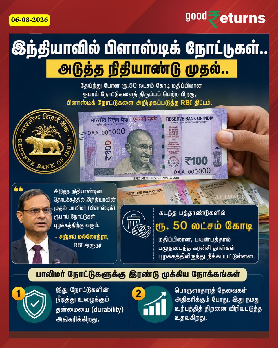 GoodreturnsTa's tweet photo. இந்தியாவில் பிளாஸ்டிக் நோட்டுகள்.. அடுத்த நிதியாண்டு முதல்..
#RBI #PolymerNote #GoodreturnsAI #Offbeat #TamilGoodreturns https://t.co/HUiekCR9bF