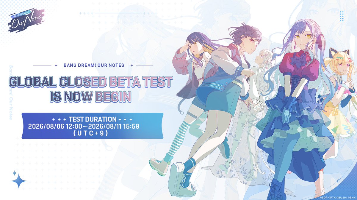 bangdreamon_EN's tweet photo. 📢 BanG Dream! Our Notes Global Closed Beta Test Is Now Live!

The Closed Beta Test for BanG Dream! Our Notes Global Server is now officially open!
We invite everyone to explore a brand-new musical world.

BanGDreamers, let's play the notes of ours together! ✨

#BanGDream #OurNotes #OurNotes