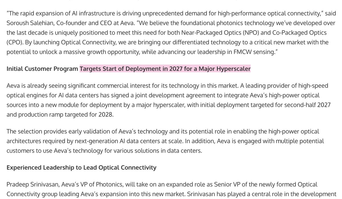 aleabitoreddit's tweet photo. The unexpected thing of the week... Was $AEVA becoming a CPO/NPO optical source player. 

For background: $SIVE is viewed as the high confidence CW DFB laser supplier to Aeva (which is known for lidar). 

Today, Aeva reacted with +18.26% AH on news that they signed a JDA with an optical engine player for deployment at a major hyperscaler in H2 2027, production ramp 2028. 

"Optical Connectivity will leverage that foundation along with Aeva’s EXISTING high-volume manufacturing and foundry supply chain" for:

- ELSFP (similar to O-Net/Enablence + $SIVE), with Sivers as the likely CW laser + potential amplifier supplier

- On-chip integrated light source (likely $SIVE DFB + Aeva PIC on the architecture/integration side)

TLDR: New TAM and a hyperscaler programs for Aeva for CPO/NPO, positive read through for upstream suppliers like $SIVE.