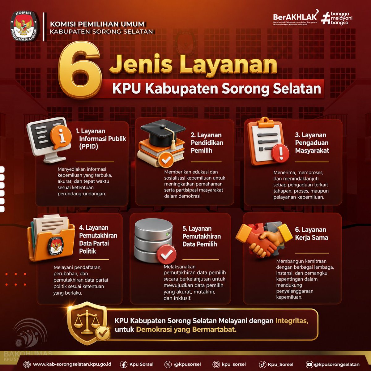 kpusorsel's tweet photo. #Temanpemilih, berikut adalah Jenis Layanan KPU Kab Sorong Selatan.

Melalui layanan yang tersebut, masyarakat dapat memperoleh informasi kepemiluan, menyampaikan pengaduan, melakukan konsultasi, serta mengakses layanan administrasi sesuai ketentuan yang berlaku.

#KPUMelayani https://t.co/vLVi3YtTcI