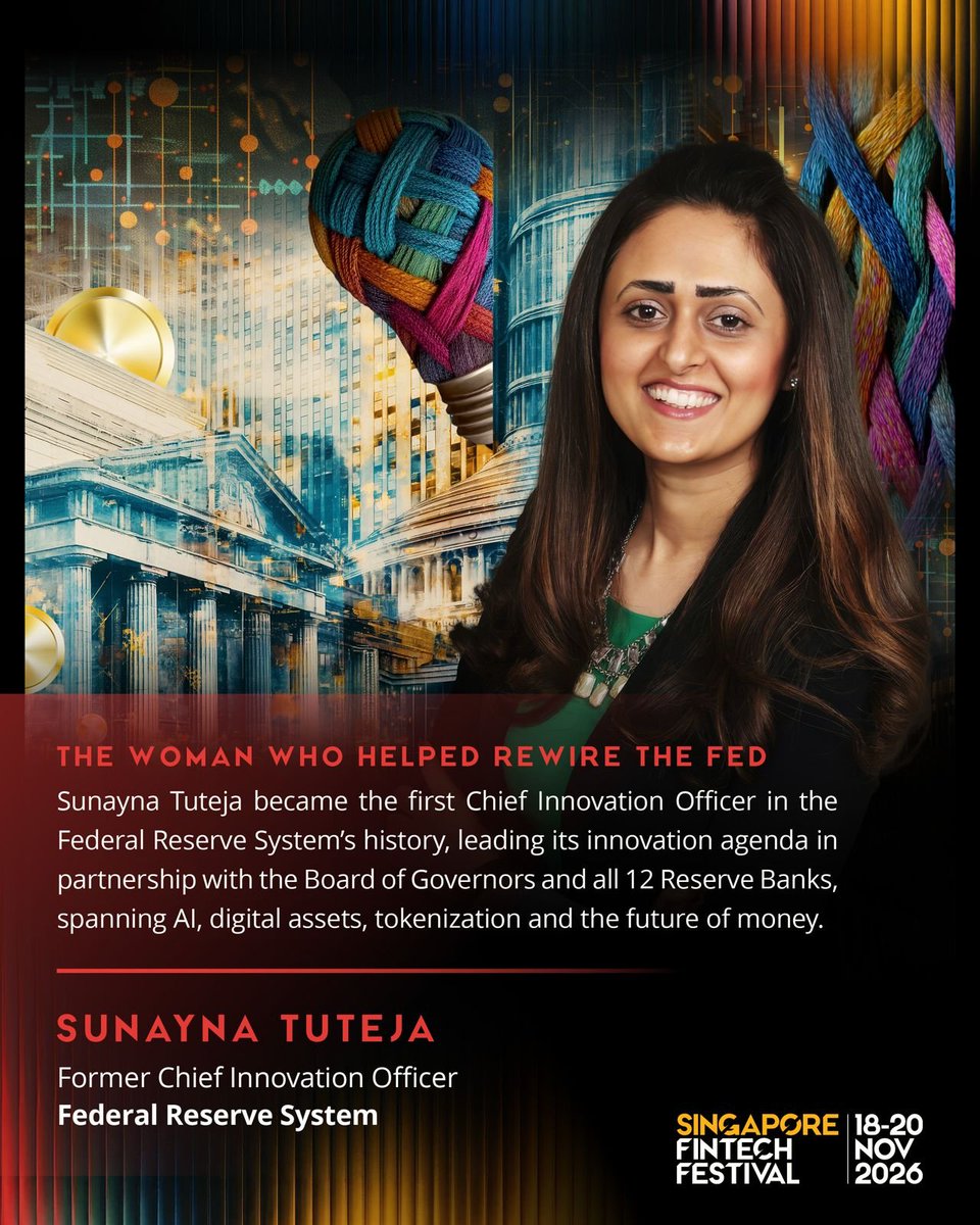 sgfintechfest's tweet photo. She built TD Ameritrade's digital assets practice. Led digital transformation across TD Bank in Canada and the US. Then became the first Chief Innovation Officer in Federal Reserve System history.

Meet Sunayna Tuteja (@Sunayna), former Chief Innovation Officer of the Federal Reserve System, joining #SFF2026.

At #SFF2026, she'll unpack what it takes to bring AI, digital assets and tokenisation into institutions built on caution, right as the industry grapples with a harder question: how fast can trust move before it breaks?

🔗 Catch Sunayna live, 18 to 20 November, Singapore Expo. Early Bird extended, ends 14 Aug 2359 SGT - lock in your seat before it's gone: https://t.co/MN7oJk6Svj

#SingaporeFinTechFestival #SGFinTechFest