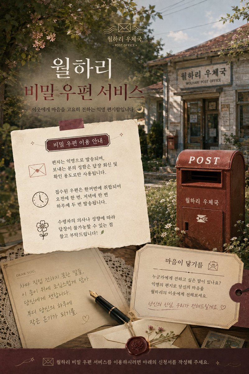 wolhari_news's tweet photo. ✉️ 𝗪𝗢𝗟𝗛𝗔𝗥𝗜 𝗣𝗢𝗦𝗧 𝗢𝗙𝗙𝗜𝗖𝗘

월하리 비밀 우편 서비스가 시작되었습니다.

접수된 편지는 하루 두 번,
익명으로 전달됩니다.🌙

📮 비밀 우편 서비스
https://t.co/933A2IrVyr https://t.co/asAZqeWpfO