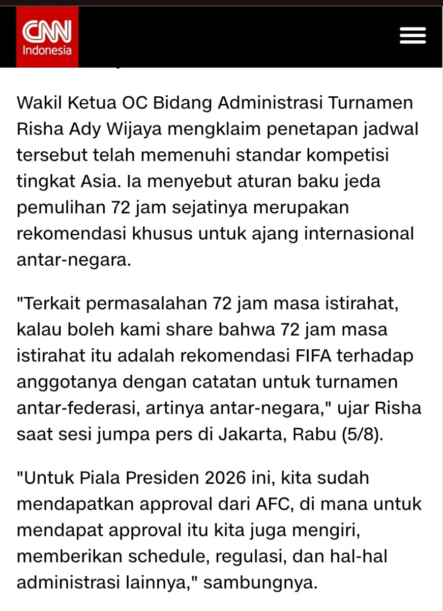 ainurohman's tweet photo. "Terkait permasalahan 72 jam masa istirahat, kalau boleh kami share bahwa 72 jam masa istirahat itu adalah rekomendasi FIFA terhadap anggotanya dengan catatan untuk turnamen antar-federasi, artinya antar-negara," ujar Risha saat sesi jumpa pers di Jakarta, Rabu (5/8).

Kok bisa pede berkomentar seperti ini apakah Risha Ady Wijaya punya referensi lainnya?

Sebab FIFA TIDAK PERNAH MENYATAKAN bahwa istirahat 72 jam hanya berlaku untuk turnamen antar-negara.

72-hour recovery window yg dikeluarkan oleh FIFA Medical Committee dan Asosiasi Pemain Profesional Dunia (FIFPRO) didasarkan pada biologi tubuh yg berlaku universal untuk semua manusia.

Entah itu mereka yg bertanding di laga antar negara, turnamen kontinental, liga domestik, maupun turnamen pra-musim bermutu rendah seperti piala presiden ini.