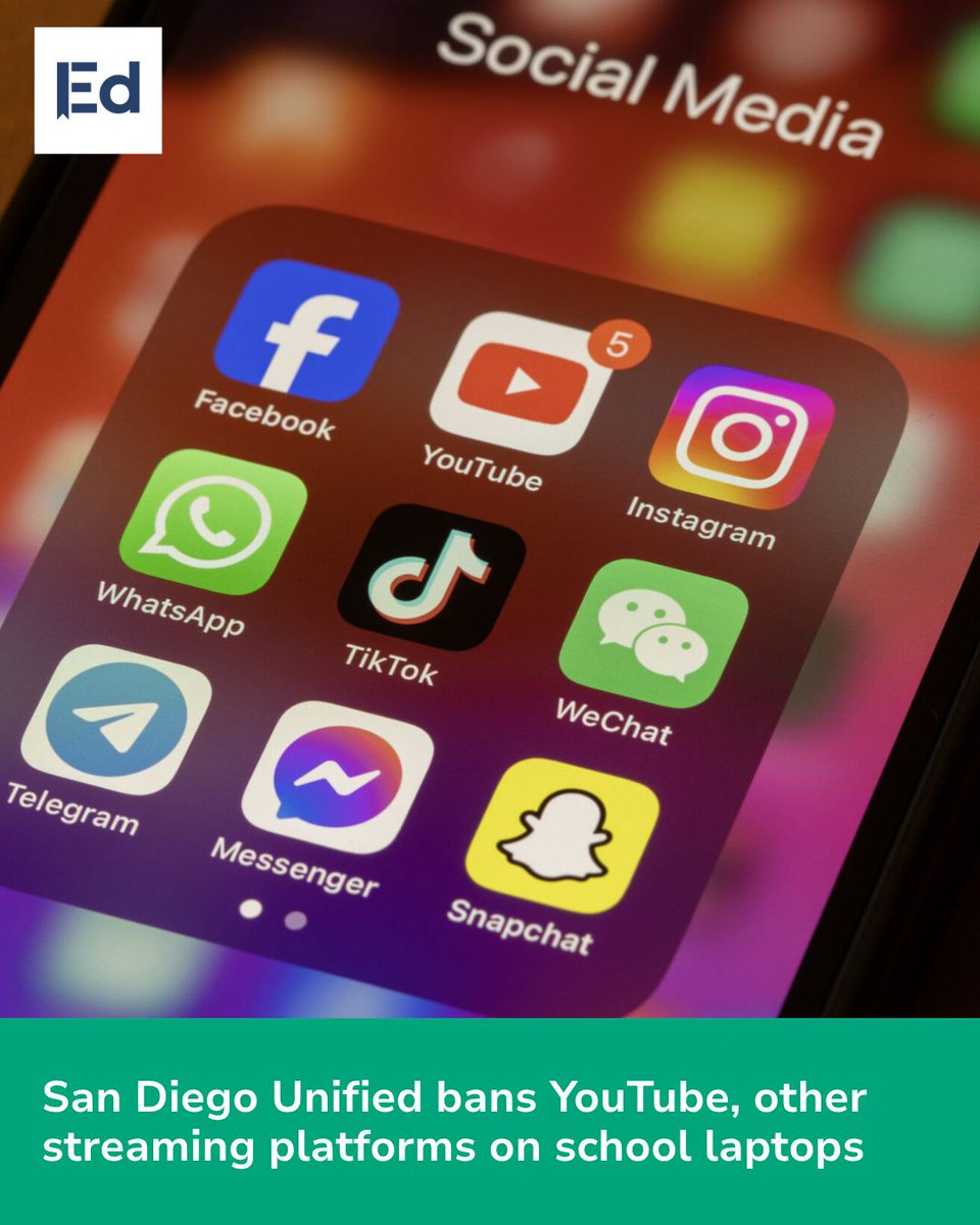 EdSource's tweet photo. San Diego Unified bans YouTube, other streaming platforms on school laptops https://t.co/l8Ted3Nl40