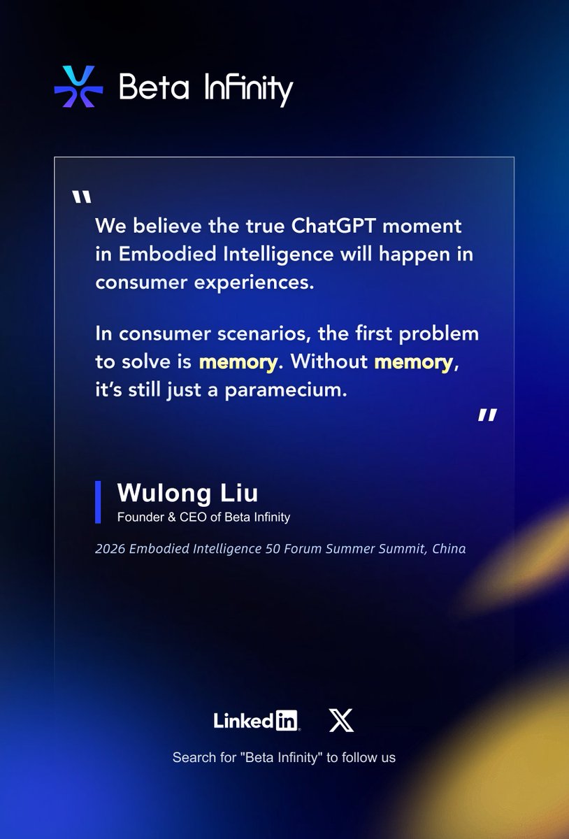 Beta_Infinity_'s tweet photo. He also disclosed Beta Infinity’s latest product development milestones at the summit.

We are moving closer to the long‑awaited ChatGPT‑like inflection point for embodied intelligence. 

Stay tuned for what’s next!

#Robotics #GenerativeAI https://t.co/WhMEFqA82L