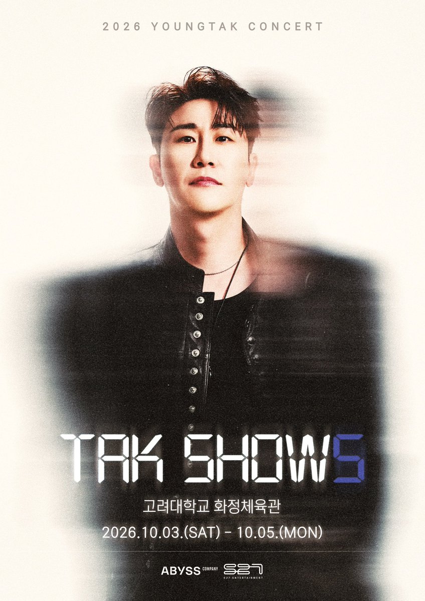 YOUNGTAK_ABYSS's tweet photo. [📢]

[2026 영탁 단독 콘서트 “TAK SHOW5” - 서울]

당신을 사로잡을 단 하나의 콘서트, “TAK SHOW”가 새롭게 시작됩니다!

시공간을 넘나드는 섬세한 스토리,
상상을 초월하는 화려하고 압도적인 무대,
전 세대를 아우르는 아티스트 영탁의 눈부신 음악과 퍼포먼스가
완벽한 조화를 이루는 최고의 콘서트!

영탁과 함께 웃음과 재미, 위로와 감동, 공감과 희망을 만끽하는 완벽한 시간 여행.
2026 영탁 단독 콘서트 “TAK SHOW5”에 여러분을 초대합니다!

📌 공연 정보
- 공연명: 2026 영탁 단독 콘서트 “TAK SHOW5”
- 공연일시: 2026년 10월 3일(토) 오후 3시 | 10월 4일(일) 오후 3시 | 10월 5일(월) 오후 3시
- 공연장: 고려대학교 화정체육관
- 관람등급: 초등학생 이상 관람가
- 러닝타임: 120분
- 티켓가격: SR 154,000원 | R 143,000원 | S 132,000원 | 시야제한 99,000원
- 예매처: 멜론티켓
- 매수제한: 1인 4매 (멤버십 선예매 1인 2매 포함)

※ 전국투어 공연 일정 및 개최 지역은 추후 별도 공지를 통해 안내드릴 예정이오니 참고 부탁드립니다.

감사합니다.

#영탁 #YOUNGTAK
#탁쇼5 #TAKSHOW5