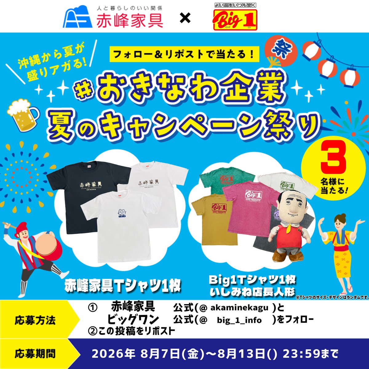 akaminekagu's tweet photo. 【最終日】
ビッグワン✕ 赤峰家具
#おきなわ企業夏のキャンペーン祭り
／
赤峰家具オリジナルTシャツと、Big1Tシャツ&いしみね店長人形が抽選で3名様に当たる✨️
＼
▼応募方法
①@big_1_infoと@akaminekaguをフォロー
②この投稿をリポスト
「りっかりっか」の意味をリプ欄でコメントすると、当選確率アップ！

⌛️期限:8/13(木)23:59まで