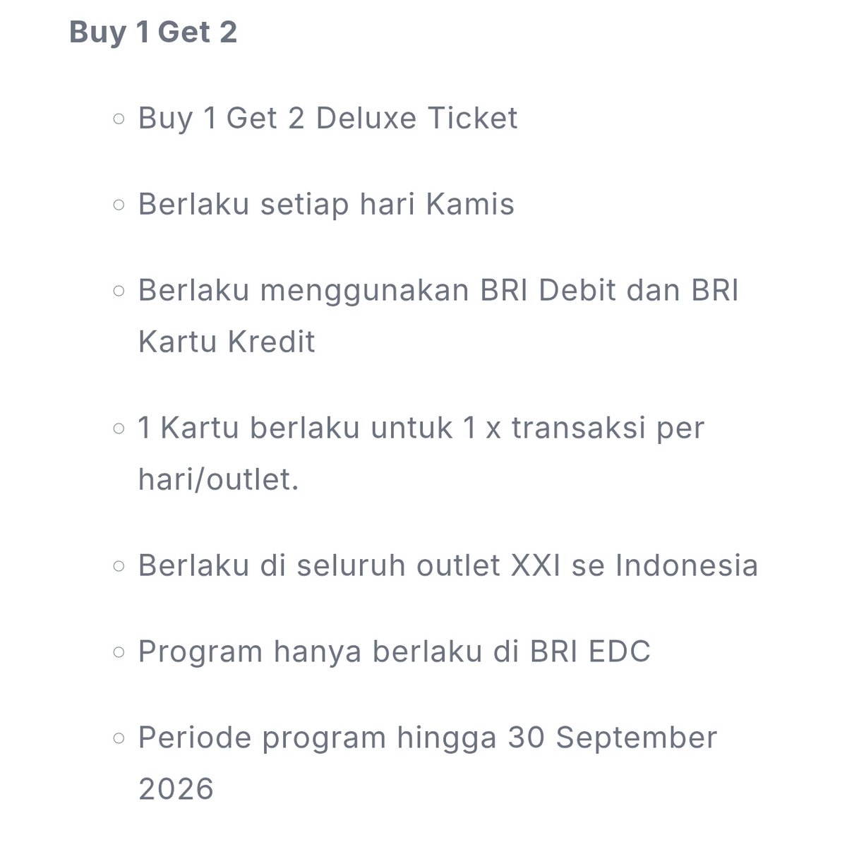kimmyexp's tweet photo. BELI 1 GRATIS 1 TIKET XXI khusus user BRI 📽️🎬

📍berlaku tiap kamis (GADA KUOTA)
📍payment BRI DEBIT &amp; CC
📍1 kartu berlaku 1 trx/hari/outlet
📍berlaku seluruh XXI 
📍WAJIB EDC BRI

keliatan motong di layar, jdi bilang ke kasir mau promo ini

snk 
https://t.co/lukmHgGviY https://t.co/2Cv0uv57IR