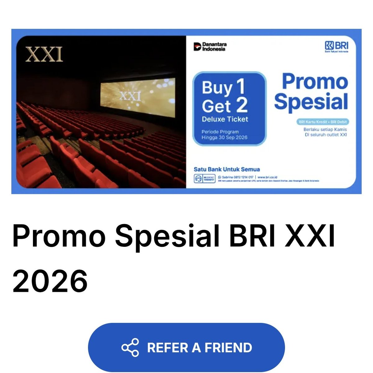 kimmyexp's tweet photo. BELI 1 GRATIS 1 TIKET XXI khusus user BRI 📽️🎬

📍berlaku tiap kamis (GADA KUOTA)
📍payment BRI DEBIT &amp; CC
📍1 kartu berlaku 1 trx/hari/outlet
📍berlaku seluruh XXI 
📍WAJIB EDC BRI

keliatan motong di layar, jdi bilang ke kasir mau promo ini

snk 
https://t.co/lukmHgGviY https://t.co/2Cv0uv57IR