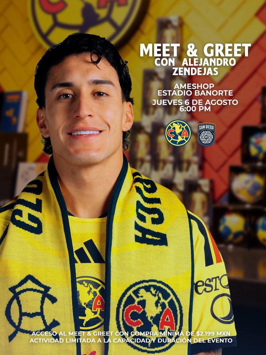 ClubAmerica's tweet photo. Conoce a Alejandro Zendejas en la @AmeShopMx del Estadio Banorte. 🦅

📍 AmeShop Estadio Banorte
🕒 6:00 PM
🎟️ Nos vemos en el Estadio: https://t.co/Y8qzk1ajJF https://t.co/PT8w15G1xv