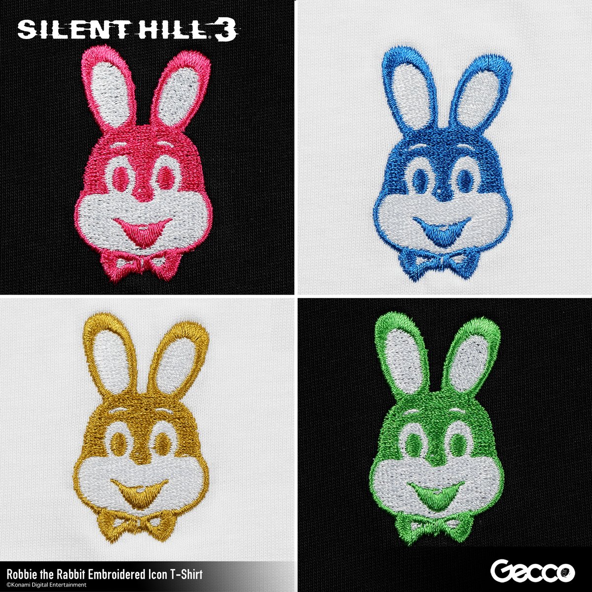 mamegyorai_jp's tweet photo. 『SILENT HILL 3』に登場する、血に染まった謎のウサギ「ロビー・ザ・ラビット」、『SILENT HILL 2』の隠しエンディングに登場し、多くのプレイヤーを脱力と癒やしに導いた柴犬の「ミラ」が、Geccoよりシンプルカワイイ刺繍アイコンTシャツとなって登場！
https://t.co/G8aUeCLeXa https://t.co/NzCLdauNRf
