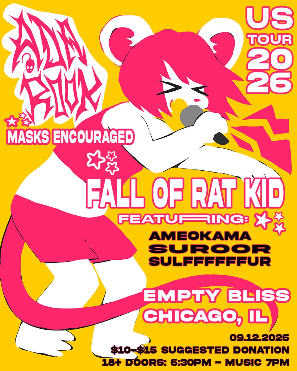AdaRook666's tweet photo. im playing chicago on sept 12th w @ameokama  , Suroor, and @headsforpikes at Empty Bliss as part of my FALL OF RAT KID tour!!

pls mask so everyone can come, it'll also ensure i'm able to perform on subsequent stops !

flyer by melipatas, organized by snaileybender

see u there!! https://t.co/crNZqhwIW0