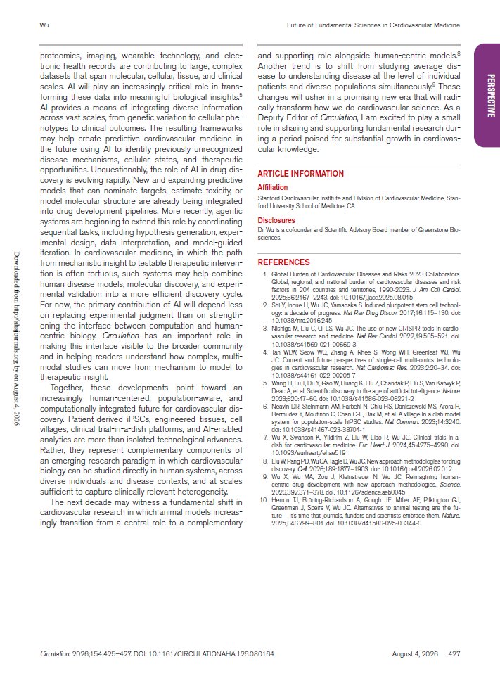 Joseph_C_Wu's tweet photo. I'm honored to serve as Deputy Editor of @CircAHA for Fundamental Sciences, and to share my @Circulation Perspective on 4 key complementary technologies driving  transition toward human-centric cardiovascular research.
@StanfordCVI @StanfordDeptMed @GreenstoneBio @bradleymaronmd https://t.co/9h3MfrtmQH