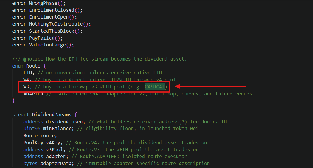 votesa's tweet photo. looks like @letscashfun is trying to become more than just another RH chain launchpad.

the update is solid on its own, but i dug a bit deeper and found the more interesting part.

1. dividends / distribution layer

there is a separate dividend distributor contract sitting in the stack.

creator fees do not have to go to the dev. they can be routed into a distributor, converted into a chosen asset, and paid back to token holders pro-rata.

the key part: creator chooses the dividend asset at launch.

that means a token could route its trading fees back to holders in ETH, USDG, or maybe even cash-cat:native. iykyk.

that is where the flywheel gets interesting.

– launch memecoin
– route creator fees to holders
– pay holders in a cleaner asset or route it into ecosystem tokens
– turn token volume into holder rewards

we already saw a similar idea from IndexFi with stock treasuries: point token fees at a treasury, buy tokenized stocks, distribute them to holders.

but letscash looks like the first one pushing this kind of fee-to-holder logic directly into memecoin launch mechanics.

the contract handles it in rounds:

→ collect fees
→ open holder enrollment
→ read balances from the token
→ finalize
→ pay holders in batches

not just “dev earns tax.” more like programmable meme fee routing.

2. rewards

they also already have a live points system.

and this part matters because season one is running now.

your activity is already being counted:

→ launch a token: +500
→ buy any token: +25 plus +250/Ξ
→ sell any token: +10 plus +100/Ξ
→ take profit: +1800/Ξ realized

this turns the launchpad into a game layer too.

later they can point incentives at whatever behavior they want to grow:

→ new quote pairs
→ burn-heavy launches
→ revenue-sharing coins
→ creator races
→ holder activity

that is the bigger picture imo.

most launchpads are still stuck in the fee war.

letscash and @cashcat_token is moving past “who charges less” and into “what can fees power?”

not just dev revenue.

a flexible routing layer for launches, rewards, burns, and holder upside.