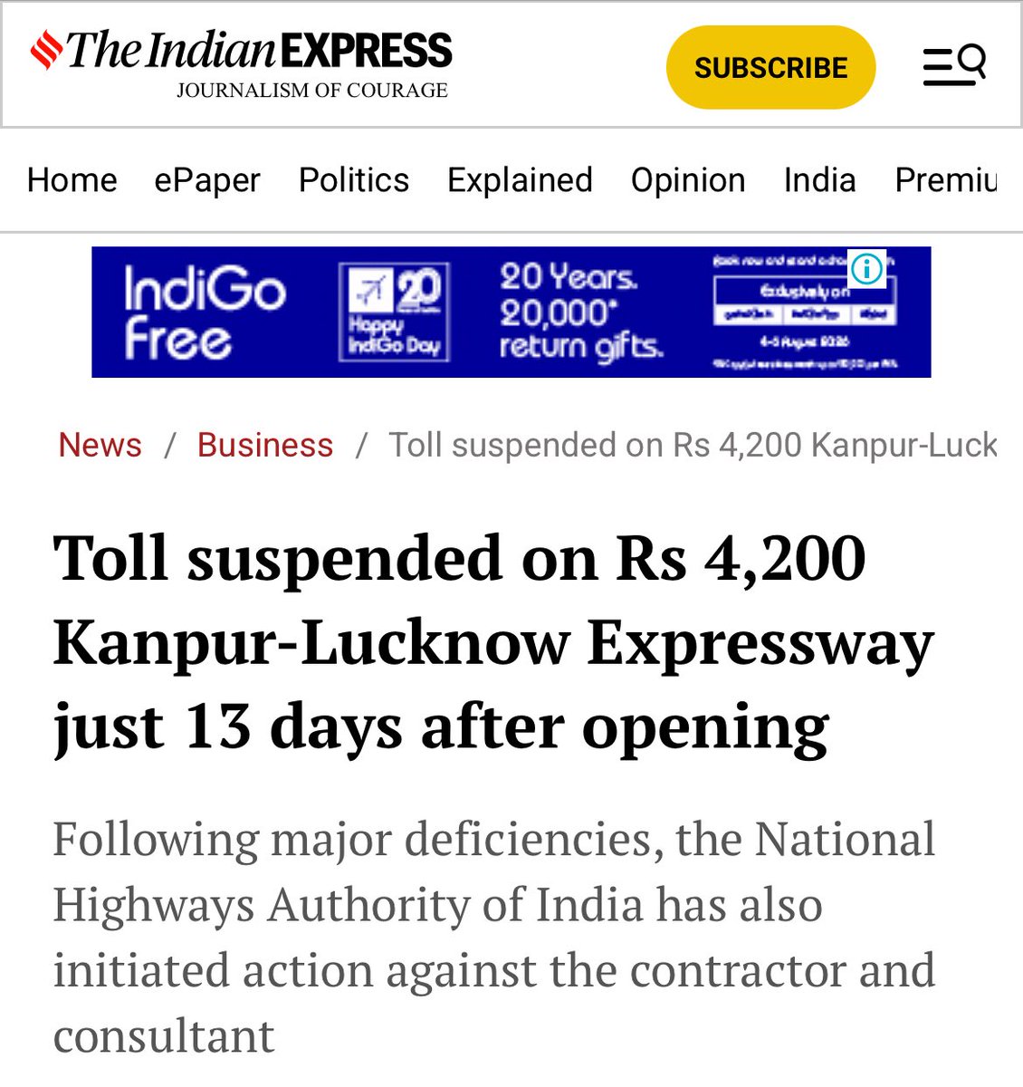 VishalBhargava5's tweet photo. This could be a inflection point in Highway Infrastructure as it’s the first time in a long time that I’ve not seen anyone defend the terrible quality. And NHAI has moved into action by suspending toll. 
More skeletons will probably come out but at least the eyes are open now. https://t.co/05Ut4vjPLL