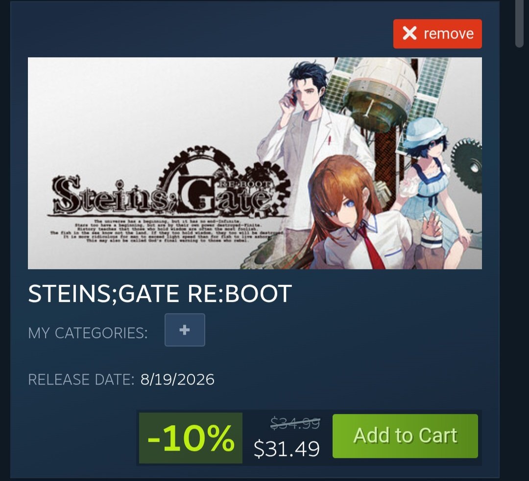 Brunnelio's tweet photo. @Pandemic_Call Its so bad, isnt the original steins gate like 10 dollars. Why tf would you want a version thats more expensive with half the content. https://t.co/K0a01O1hhW