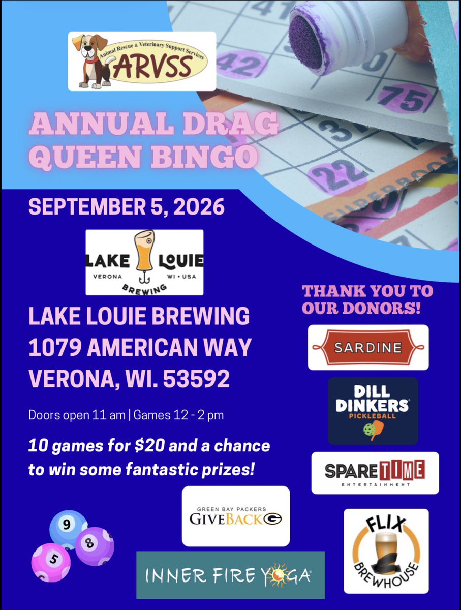 ArvssRescue's tweet photo. ARVSS annual Drag Bingo at @lakelouiebeers!! Find your lucky daubers by September 5. We have great prizes from great donors!
#packersgiveback @SardineMadison @DillDinkers @InnerFireYoga @FlixMadison #SpareTimeEntertwinmentMadison https://t.co/Vksz0bKHBe