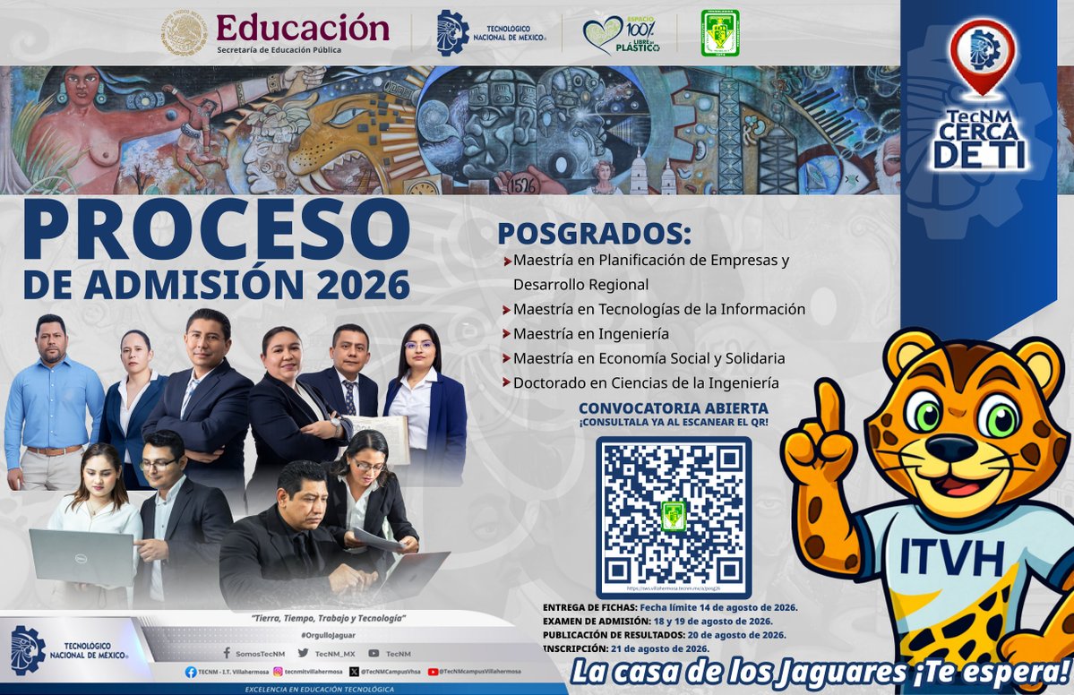TecNMCampusVhsa's tweet photo. ¡Es momento de llevar tu formación al siguiente nivel!
El TecNM – Instituto Tecnológico de Villahermosa te invita a participar en el Proceso de Admisión a Posgrado, periodo Agosto–Diciembre 2026. 
Para más información escanea el código QR.
#TodosSomosTecNM #OrgulloJaguar https://t.co/lImJIgGt1O