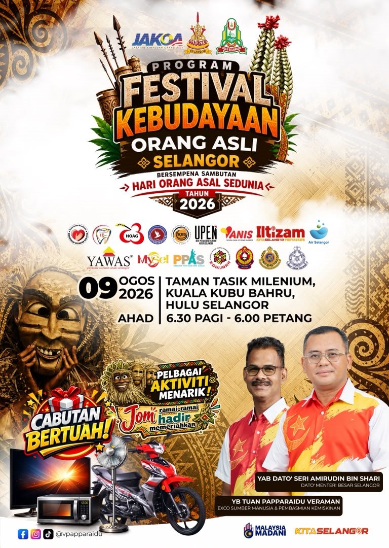 PDTHS's tweet photo. 📷 JOM MERIAHKAN FESTIVAL KEBUDAYAAN ORANG ASLI SELANGOR 2026! 📷
Sempena Sambutan Hari Orang Asal Sedunia 2026, anda sekeluarga dijemput hadir ke Festival Kebudayaan Orang Asli Selangor yang menjanjikan pelbagai aktiviti menarik, pameran budaya dan persembahan tradisional. https://t.co/URPuuLNws2