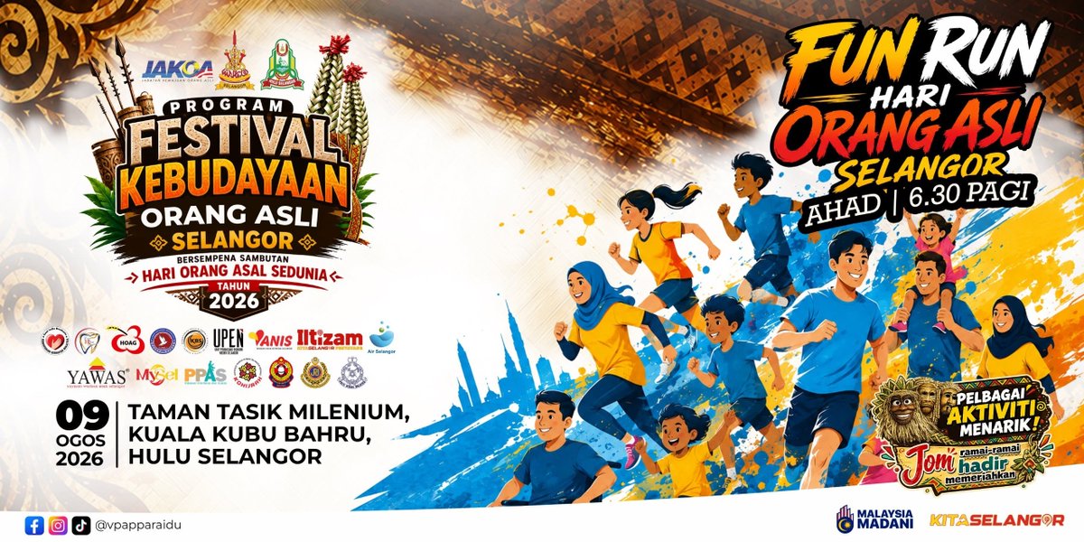 PDTHS's tweet photo. 📷 JOM MERIAHKAN FESTIVAL KEBUDAYAAN ORANG ASLI SELANGOR 2026! 📷
Sempena Sambutan Hari Orang Asal Sedunia 2026, anda sekeluarga dijemput hadir ke Festival Kebudayaan Orang Asli Selangor yang menjanjikan pelbagai aktiviti menarik, pameran budaya dan persembahan tradisional. https://t.co/URPuuLNws2