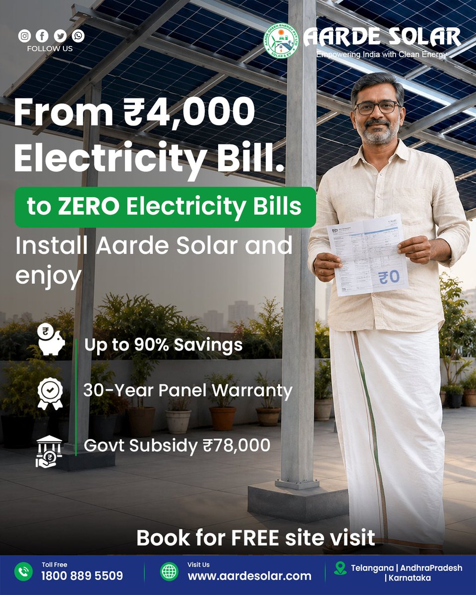 aardesolars's tweet photo. From high electricity bills to ₹0 bills with Aarde Solar! Save up to 90% on electricity, get Government Subsidy up to ₹78,000*, and enjoy premium solar with a 30-year panel warranty*. Book your FREE site visit today! ☀️ 📞 1800 889 5509
🌐 https://t.co/muuEZgIEdM
#AardeSolar https://t.co/rwSCZS5spR