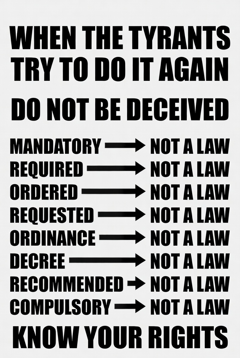 ValerieAnne1970's tweet photo. WHEN THEY UNLEASH THE NEXT “PANDEMIC”…

They’re already warming up the same script.

“Mandatory”  
“Required”  
“Ordered”  
“Compulsory”  
“Ordinance”  
“Decree”

These are the words tyrants use to make you think you have no choice.

None of those words mean “law.”  
They are NOT laws.  
They are psychological coercion.

A “mandate” is not a law.  
A “requirement” is not a law.  
A “recommendation” from the CDC, WHO, or your governor is not a law.

They rely on fear + linguistic trickery to make free people voluntarily surrender their rights.

KNOW YOUR RIGHTS.

Next time they try to lock you down, mask you, inject you, or restrict your movement — remember these words.

They only have power over you if you believe their words have the force of law.

They don’t.

Stand firm.  
Stay free.  
Do not comply with non-laws.

The tyrants are counting on your obedience again.

Prove them wrong.