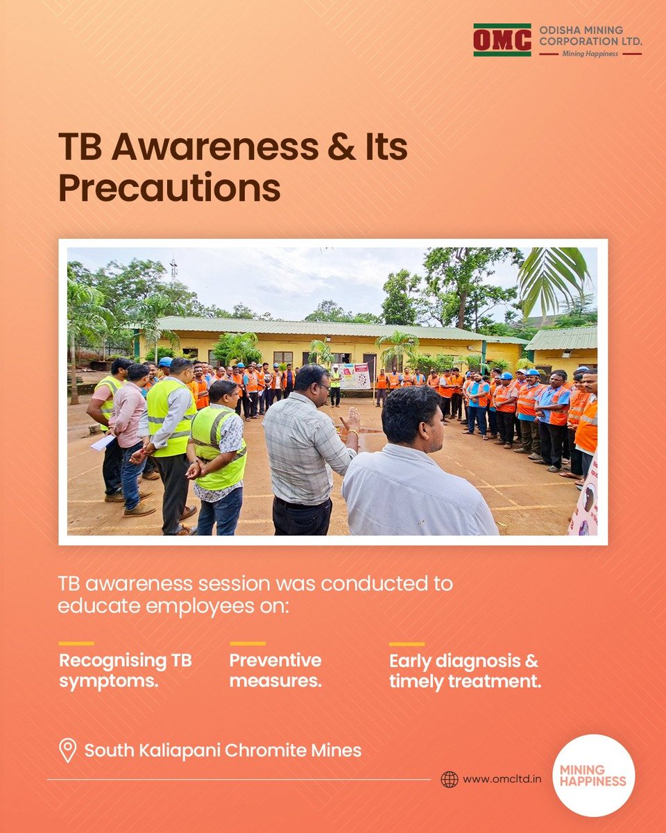 odisha_mining's tweet photo. Promoting awareness for a healthier workplace. OMC conducted a TB Awareness & Precautions session at South Kaliapani Chromite Ore Mines, educating employees on TB symptoms, prevention, early diagnosis and timely treatment.
#OMC #TBAwareness #HealthyWorkplace #HealthAndSafety https://t.co/IHBoyFSY0q