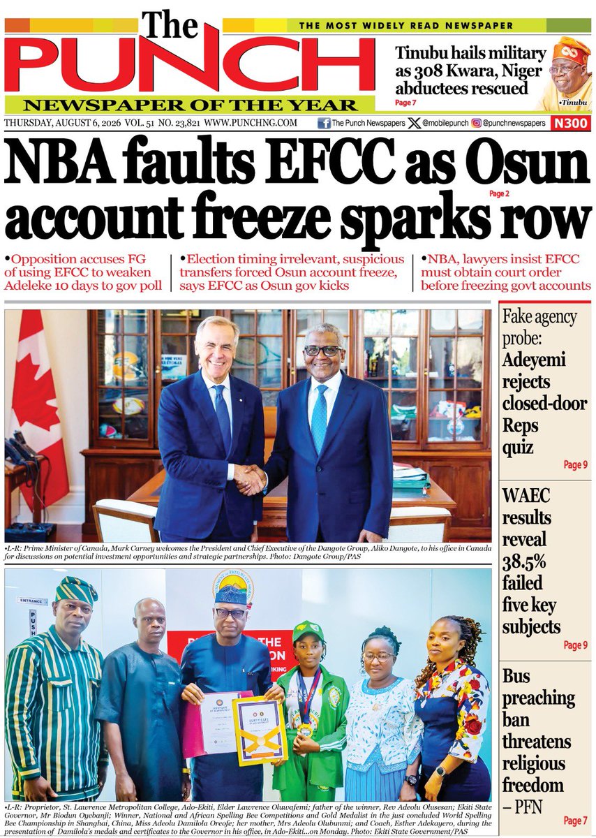 MobilePunch's tweet photo. Today's Biggest Headlines 

Here are some of the news reports that you shouldn’t miss this morning

1. NBA faults EFCC as Osun account freeze sparks row

=== https://t.co/1qxNZirmLW

2.  Tinubu hails military as 308 Kwara, Niger abductees rescued

=== https://t.co/qOcgx0DwYq

3. Fake agency probe: Adeyemi rejects closed-door Reps quiz

=== https://t.co/hVK9267uHx

4. WAEC results reveal 38.5% failed five key subjects

=== https://t.co/KKCQt6JERh

5. Bus preaching ban threatens religious freedom – PFN

=== https://t.co/NfHObHUROe

6.  Army puts N60m price on wanted ISWAP gov, deputy

=== https://t.co/Op2B5buTaM

7.   Tinubu’s troop pay hike divides opposition

=== https://t.co/qrFOpIZeJj

8. Four killed, five injured in Lagos, Ogun road crashes

===https://t.co/bS2Nb252F6

9. 17 terrorist family members surrender amid military offensive

=== https://t.co/3k6sJ8D0D7

10. Chaos in the ring: Okocha mocks Portable after victory

=== https://t.co/rcTHxGKB51

For more updates, kindly follow our page>>> https://t.co/XHVBSaNf3J