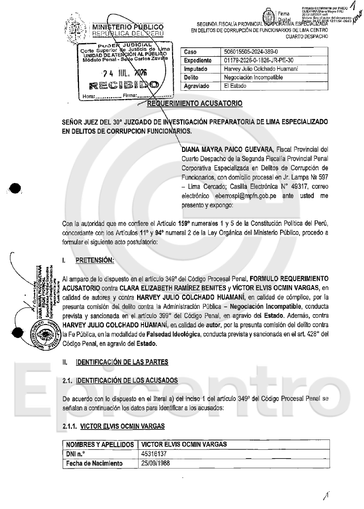 Epicentro_TV's tweet photo. 🚨 Este es el documento completo de requerimiento de condena contra el coronel (r) y hoy diputado Harvey Colchado por negociación incompatible y falsedad ideológica. Según el informe fiscal, el diputado Harvey Colchado habría declarado falsamente ser "independiente" para ocultar su cargo en actividad y evadir la prohibición legal de contratar con el Estado, permitiendo así que la Policía Nacional continuara alquilando un inmueble de su madre para la DEPINCRI Comas.

🎯El documento completo, exclusivo para nuestros suscriptores.