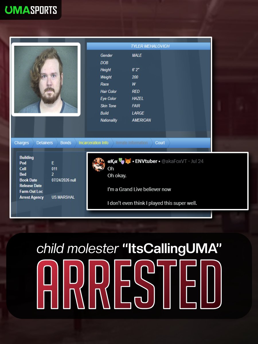 UmaUpdates67's tweet photo. BREAKING: Sources confirm to UmaSports that convicted child rapist and ex-Umatter menace @ItsCallingUma (aka @akaFoxVT aka T. A. Mehalovich) was arrested under yet-to-be-announced federal charges on Friday, July 24th.

First on the news was @voyageverslor. (cont'd) https://t.co/vNFpLaxzDF