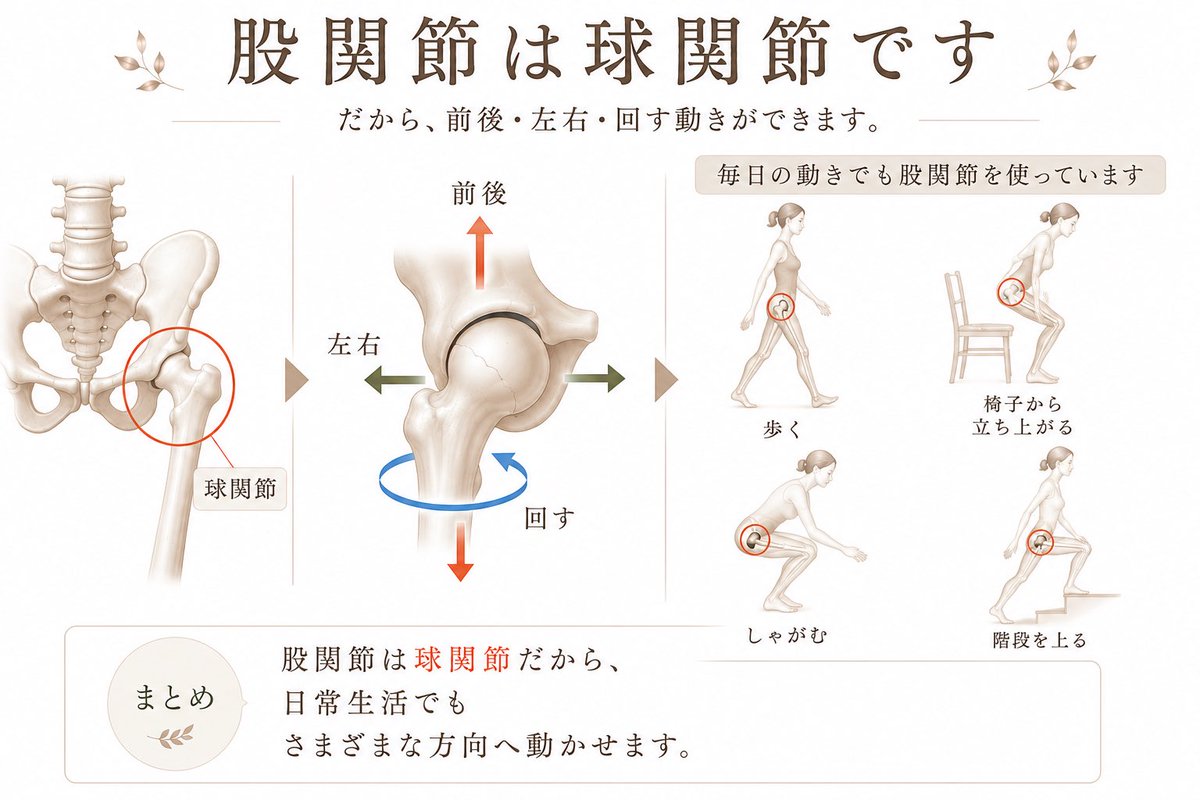 shiseilife_tomo's tweet photo. 下半身、だるくないですか？

疲れていると動かしたくないですよね。でも、そんな時こそ少し動かしてみてください。

股関節は「球関節」。
前後・左右・回す動きができます。
歩く、立つ、しゃがむ、階段。
毎日使っている大切な場所です。

疲れているときこそ、少し動かして"めぐり"を良くしていきましょう。
図解にまとめました。