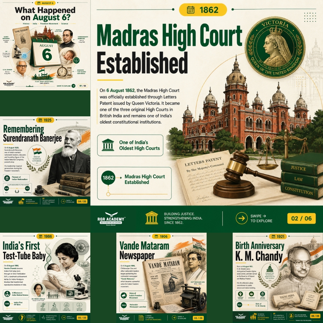 rgracademy's tweet photo. 📅 August 6 in History 🇮🇳 Madras High Court, Vande Mataram, Surendranath Banerjee, India's first IVF baby &amp; K. M. Chandy. Discover the stories! #August6 #OnThisDay #History https://t.co/cCta4nNJfD