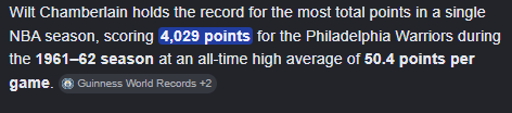 NBAStatGuy_'s tweet photo. @BBallGround Give Wilt his flowers. Brother put up 4000 points in a season and 65 years later the record still stands, MJ is 3rd on the list while Wilt has 4 of the top 5 scoring seasons. Not sure why the 80s would count but the 60s wouldn't... https://t.co/yP5LOMDfFN