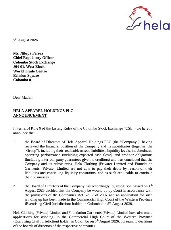 Channa_Amare's tweet photo. Game over for #HELA?

HELA's Board of Directors has concluded that company is unable to pay debts and as such is unable to continue in business

➡️ Resolution passed to wind up company

#CSE #lka https://t.co/FLykgducYd