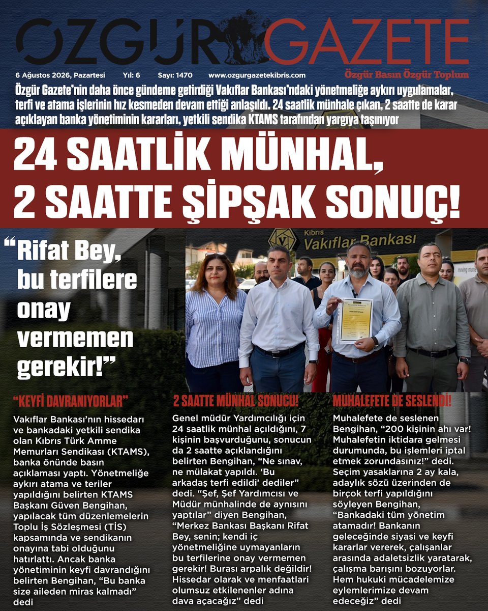 CyprusNewspaper's tweet photo. 📌"BU BANKA SİZE AİLEDEN MİRAS KALMADI!"
24 saatlik münhale çıkan, 2 saatte de karar açıklayan Vakıflar Bankası yönetiminin kararları, yetkili sendika KTAMS tarafından yargıya taşınıyor
#KTAMS #VakıflarBanksı #Terfi #Atama #Topril #Kıbrıs #Cyprus https://t.co/f7FCWj07Yi
