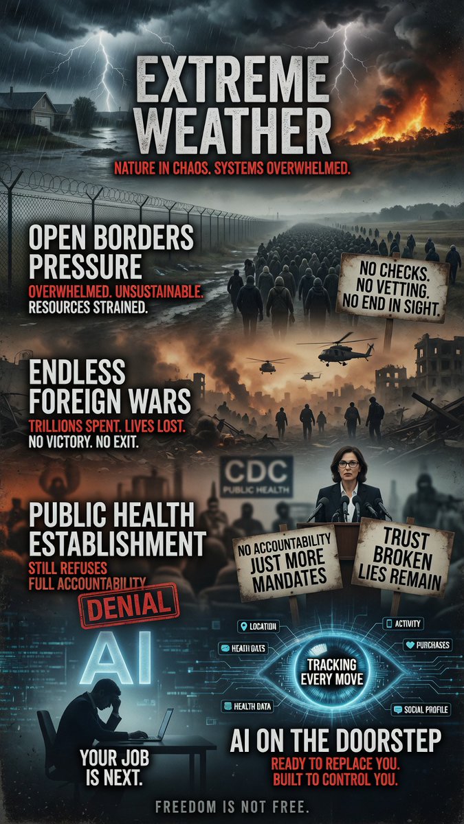 Pearcespective's tweet photo. Extreme weather, open borders pressure, endless foreign wars, a public health establishment that still refuses full accountability and AI on the doorstep ready to take your job, then track and trace your every move. 

Different headlines, same underlying pattern of order out of chaos, 2030 The Great Reset is just around the corner.

It almost feels like we are in a Secret War working our way to Doomsday. 
Where are all the heroes to save us? 
Maybe we should just look in the mirror.🪞

Stay sharp.