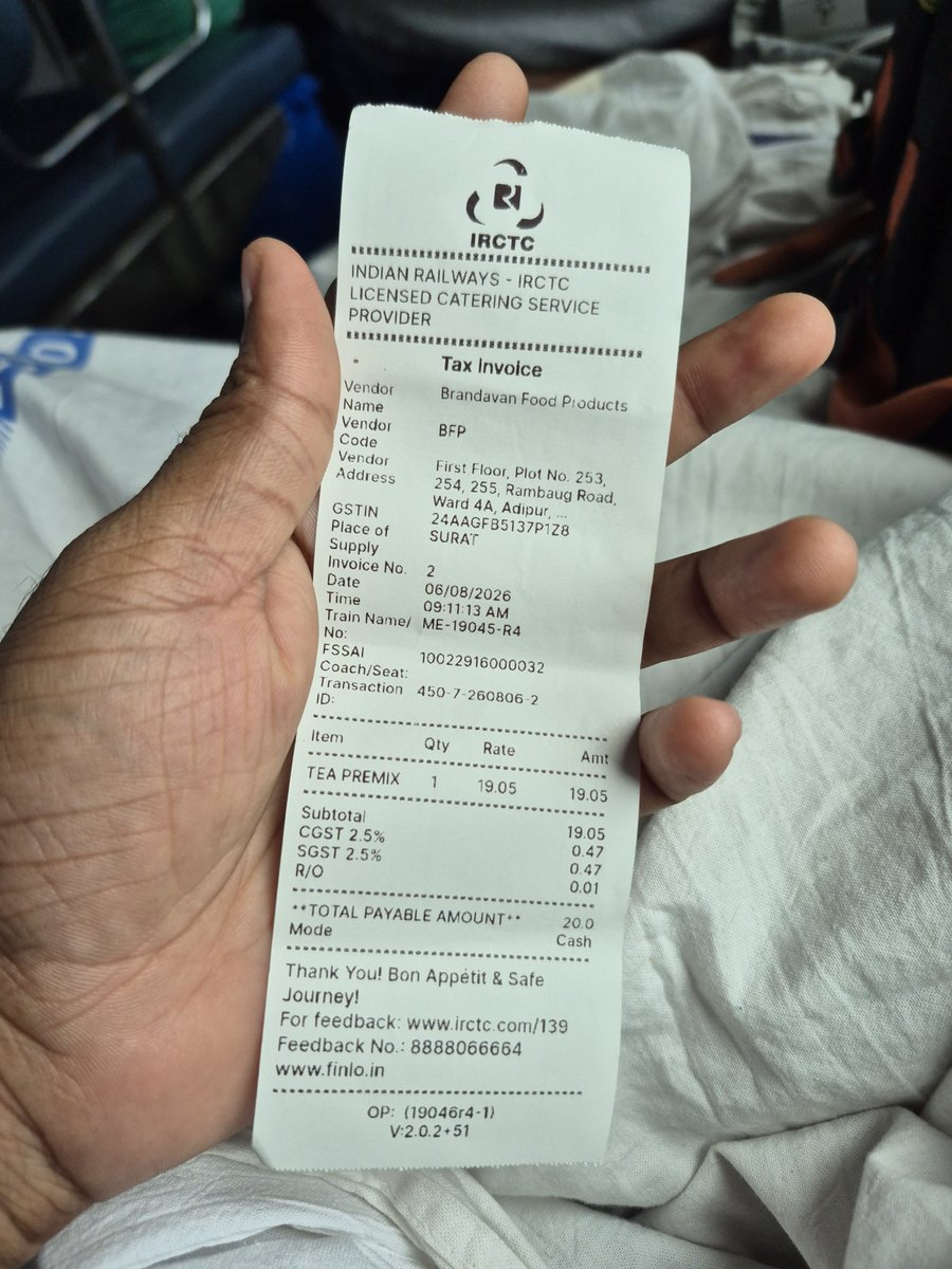 vikasmaurya253's tweet photo. Overcharging alert! Traveling on Train No-19045, Coach-B7, Seat-40. The catering vendor charged ₹20 for tea and handed me a bill, violating official IRCTC tariffs. Please take strict action. PNR: 8830133900 @RailMinIndia @IRCTCofficial @RailwaySeva #RailMadad https://t.co/9CBkIaFG4F