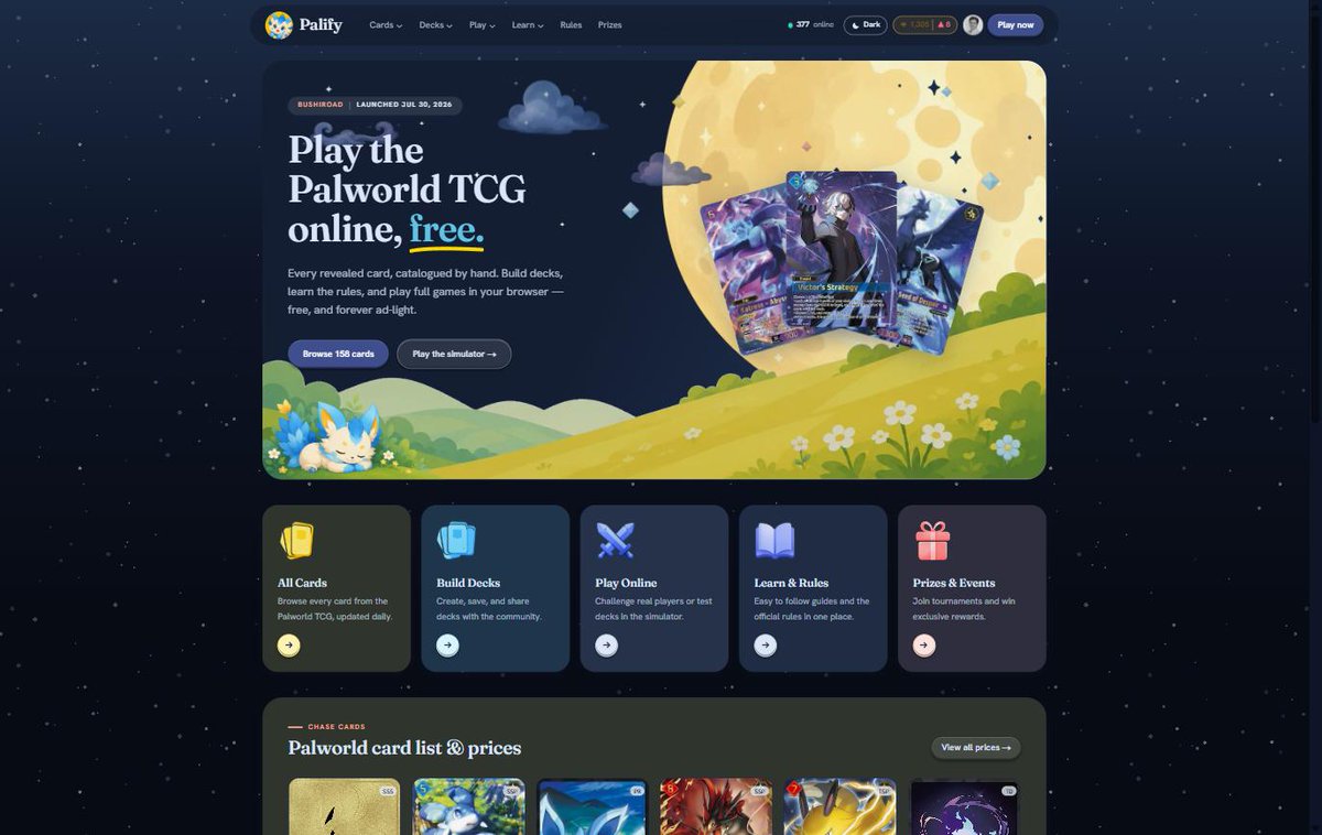 Palifyapp's tweet photo. ☀️🌙 Palify just got a full site revamp, and the biggest part of it is a proper light and dark mode.

Not a colour inversion. The home page genuinely changes character. Light mode is a bright Palpagos afternoon with the Pals out in the grass. Dark mode drops the whole thing into a moonlit night, stars behind everything, and the featured cards swap to the purple side of the set.

One toggle in the top bar, and it remembers you next visit.

https://t.co/e6C0YrSDKJ