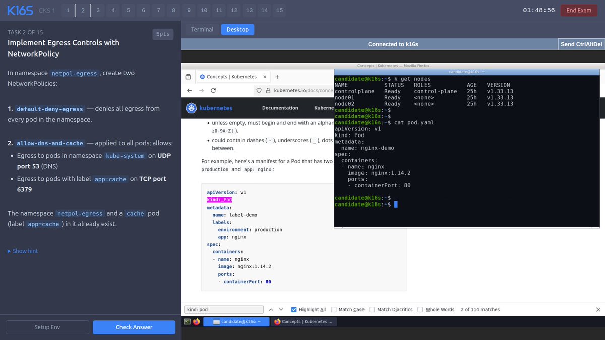 immanuel_vibe's tweet photo. I wanted a CKA/CKS lab that could actually break kubelet, systemd, containerd, static pods, etcd and certificates

So I built K16S: 90 graded tasks on a real kubeadm cluster. One command deploys it to your Linux VPS

https://t.co/ApTL04jQ0E

CKA/CKS candidates and holders: which area is hardest to practice realistically?
- broken nodes and kubelet
- etcd and PKI
- NetworkPolicy
- runtime security
- something else

I'll use the answers to prioritize the next scenarios
