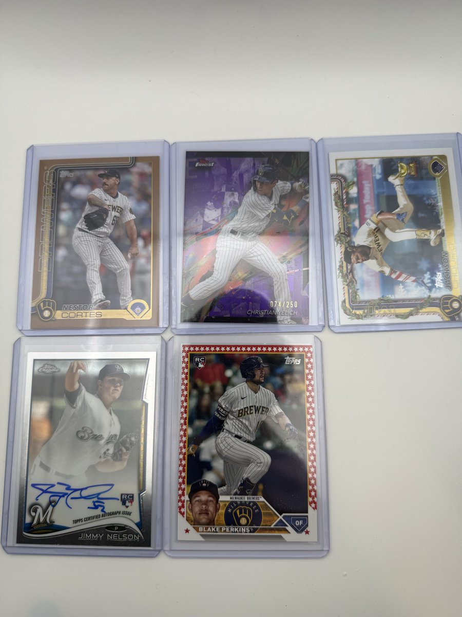 n8dagrape's tweet photo. @crewsox11 @CardPurchaser 44 Card Brewer Lot: Yelich /250, N. Cortes /2025, Blake Perkins /75, (2) Turang RC’s, (4) Chourio RC’s &amp; 1 SP holiday Antler and Candy Cane Sleeve $55 BMWT https://t.co/5lyxEOWj60