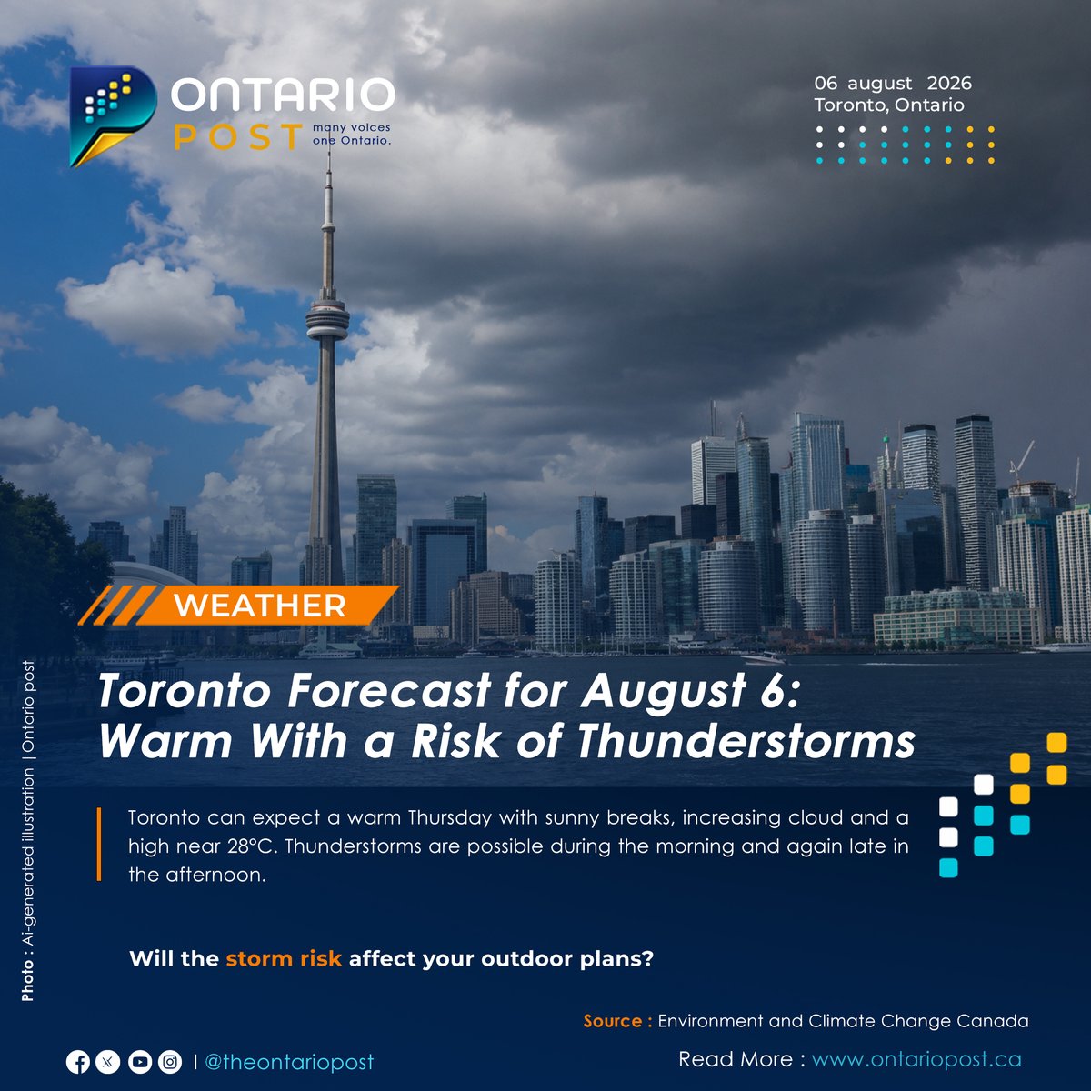 TheOntarioPostM's tweet photo. Toronto Forecast for August 6: Warm With a Risk of Thunderstorms
https://t.co/bnDErJC3Sa
Source: Environment and Climate Change Canada
#TorontoWeather #TorontoForecast #OntarioWeather #ThunderstormRisk #Toronto #OntarioPost https://t.co/NwmsSa5VRT