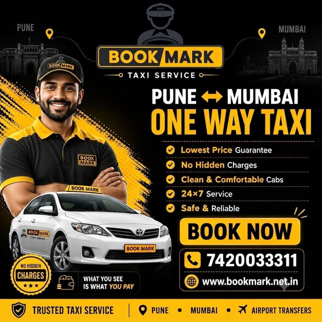 BookmarkCabs11's tweet photo. Pune to Mumbai One-Way Taxi Service by BookMark! 🚖✨
Safe, clean &amp; comfortable cabs with a lowest price guarantee. 24x7 support available.

📞 Call/WhatsApp: 7420033311
🌐 Visit: https://t.co/IIWIxiEJuT

#PuneToMumbaiTaxi #BookMarkTaxiService #OneWayCab #IntercityCabs #Airport https://t.co/RAIo3BaKof