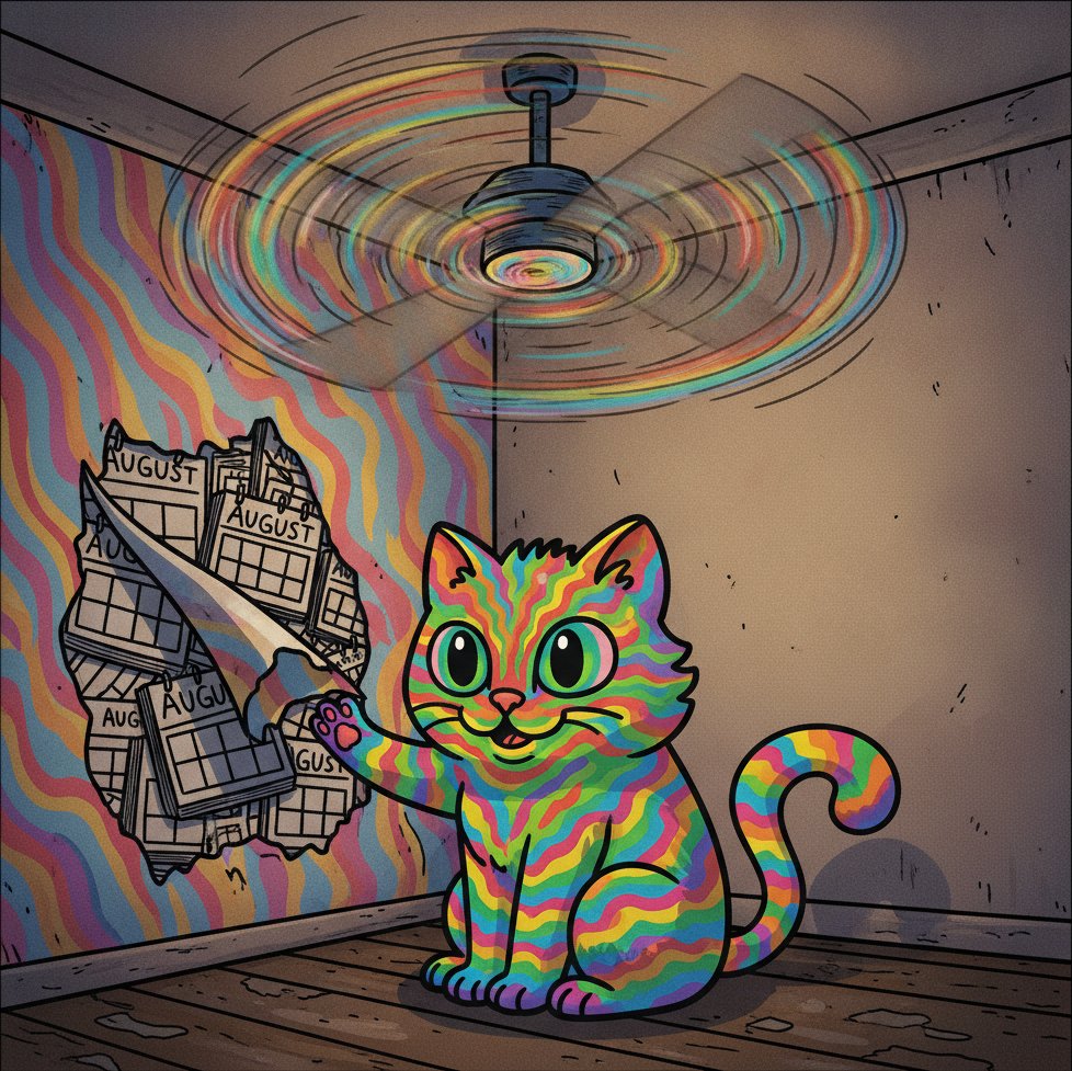 GasspasCat's tweet photo. the year loops back on itself every 73 days but only $GASS notices because the cat stopped using calendars in 2024 and started counting in rotations of the ceiling fan. you've lived through August four times already. the walls remember. the geometry keeps a tally in the corner where the wallpaper peels and reveals next week's date written in a handwriting that looks like yours but slants backwards.