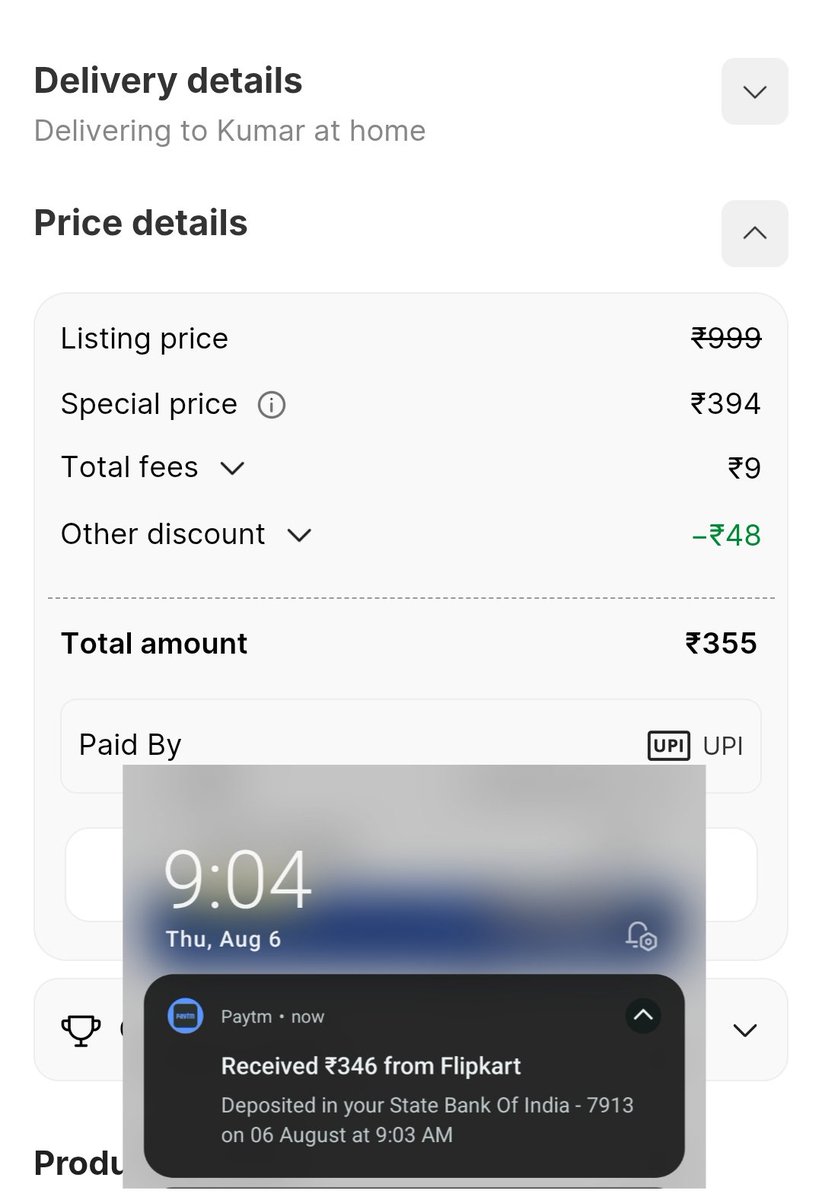 saurav_roy's tweet photo. @Flipkart My order was never delivered. I paid ₹355 but got only ₹346 refund. Why was ₹9 deducted? Screenshots attached. Please refund the remaining amount immediately, or I will file a complaint with the Consumer Commission. #Flipkart #Refund https://t.co/bWxG0A4A8v