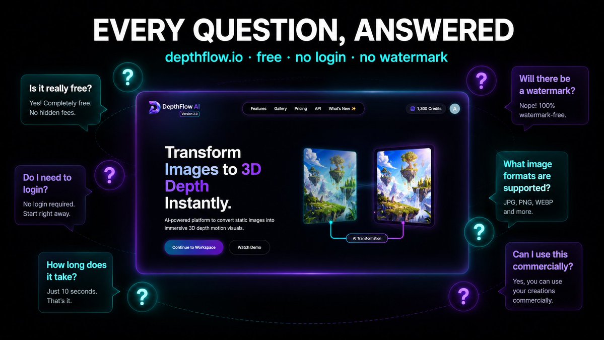 depthflow_ai's tweet photo. Most asked DepthFlow questions:

"Is it free?" → Yes, fully.
"Need an account?" → No login at all.
"Watermark?" → None. Clean 4K.
"Best photos?" → Anything with foreground + background separation.

https://t.co/4BPNKaBp1X 🌊

Any other questions? Ask below 👇

#DepthFlow https://t.co/0NC23MoI6A