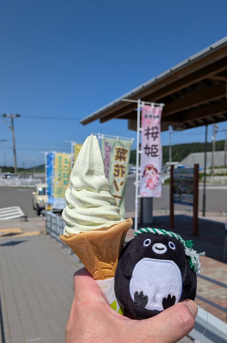 alpaonsensan's tweet photo. 梅雨明けして青森県も暑くなりましたが、♨️さん、きょうも青森県横浜町の道の駅よこはま【菜花ソフトクリーム】でひんやりスッキリ！
お友だちのSuicaのペンギンさんたちも一緒で、菜花ソフトクリームの大ファンになりました！
菜花ソフトまた食べたいな！
@yokohamamati https://t.co/MOFzrsJePc