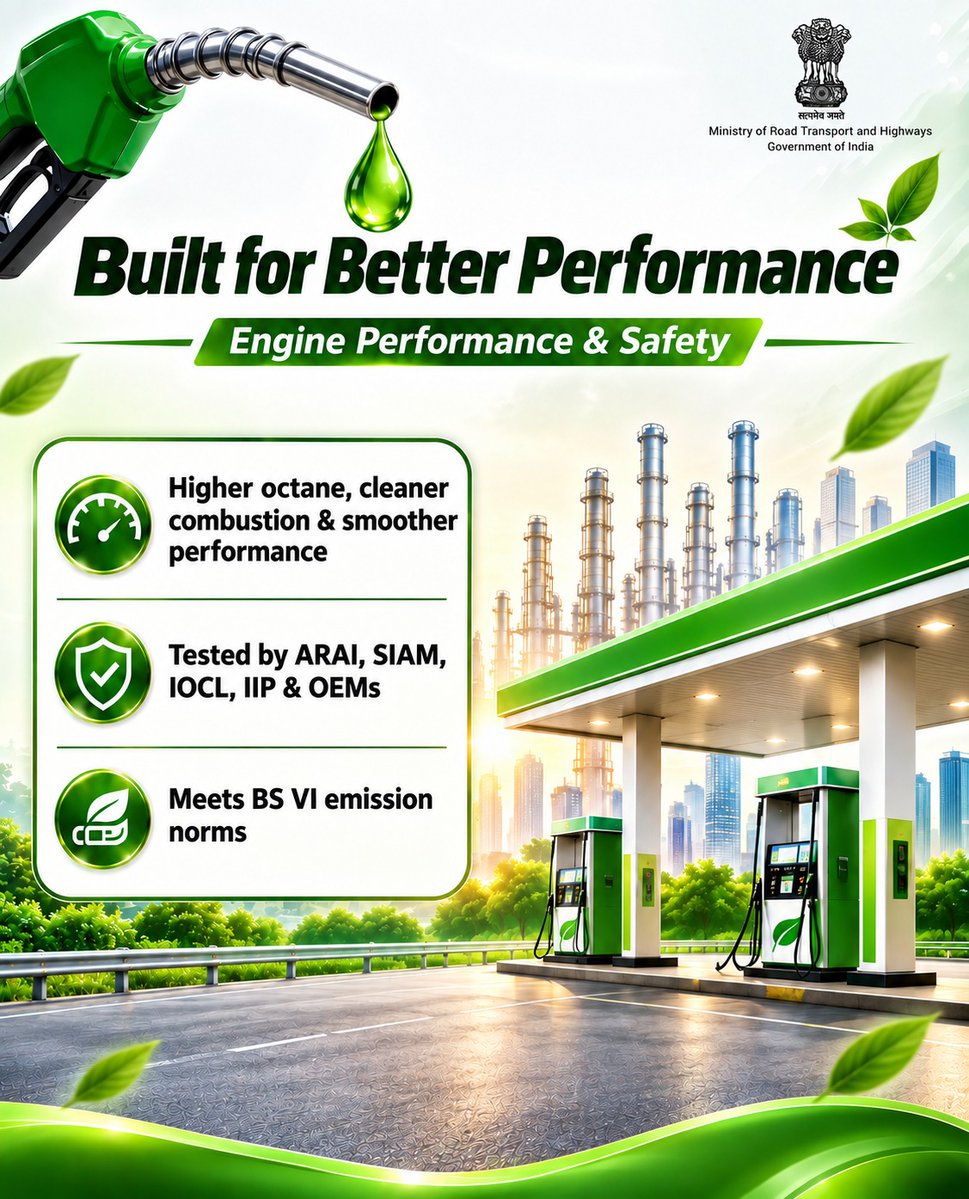 MORTHIndia's tweet photo. Progress isn't driven by one breakthrough. It's driven by millions of everyday choices.

E20 is one such choice.

By supporting cleaner mobility, strengthening India's energy security, creating new opportunities for farmers, and reducing dependence on imported crude oil, E20 is contributing to a stronger, greener, and more self-reliant nation.

Backed by rigorous testing and trusted by millions of vehicles across India, E20 is helping shape the future of sustainable transportation.

Swipe to explore how E20 is driving India forward.

#E20 #DrivingIndiaForward #GreenMobility #EnergySecurity #SustainableIndia